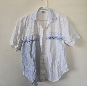 Women's Vintage Embroidered Colorblock Blue Button Front Blouse